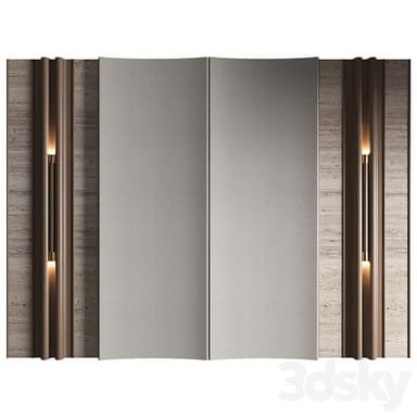 A contemporary panelized headboard system featuring central upholstered fabric panels, flanked by vertical sections with fluted dark wood accents, set against a natural marble or stone background. Integrated vertical lighting elements are present within the wooden sections. — 3D model