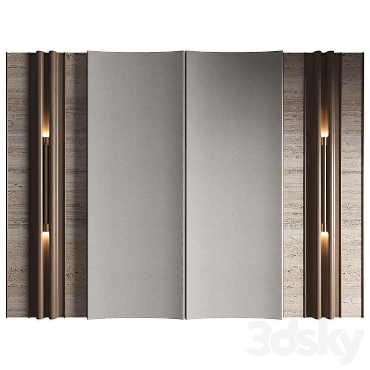 A contemporary panelized headboard system featuring central upholstered fabric panels, flanked by vertical sections with fluted dark wood accents, set against a natural marble or stone background. Integrated vertical lighting elements are present within the wooden sections. — 3D model