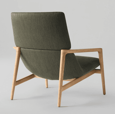 A modern lounge chair featuring a light-toned wooden frame and dark olive green fabric upholstery. The design emphasizes clean lines and comfort. — 3D model