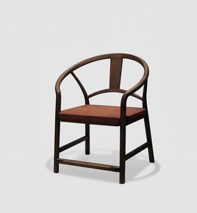 A dark wood armchair featuring a distinctive continuous, horseshoe-shaped backrest and armrests, paired with a flat, padded reddish-brown leather seat. The chair's frame is made of solid wood, exhibiting clean lines and a minimalist aesthetic. — 3D model