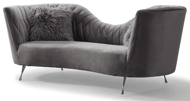 A grey velvet sofa with a distinctive wavy backrest featuring diamond-pattern tufting and a supportive lumbar curve. It has two plush, grey faux fur accent pillows and slender, chrome-finished legs. The design suggests a modern, glamorous aesthetic. — 3D model