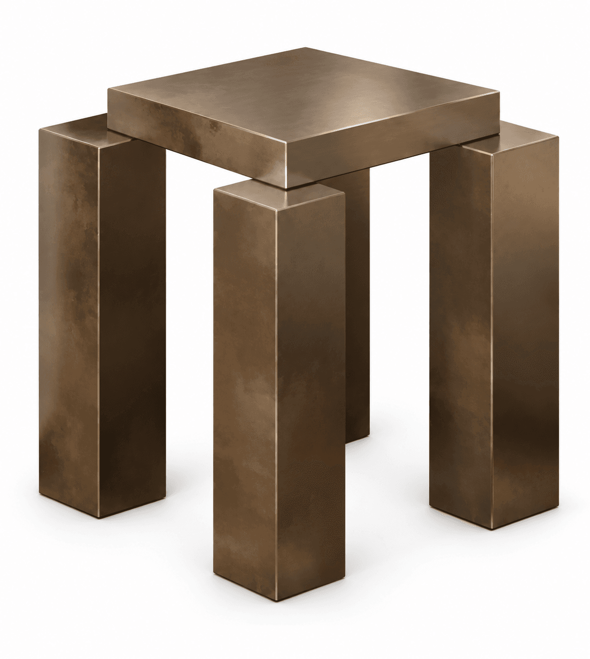 A contemporary accent table featuring a thick, square tabletop supported by four substantial rectangular block legs. The entire piece is rendered in a patinated bronze finish, exuding a minimalist and geometric aesthetic. — 3D model