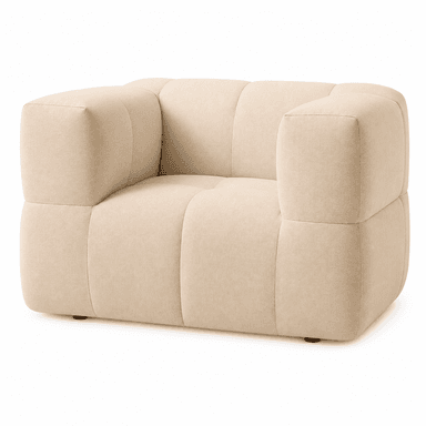 A contemporary, single-seater armchair featuring a distinct block-style silhouette, upholstered in a light beige textured fabric, designed for modern interiors. — 3D model
