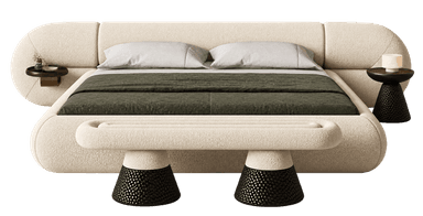 A modern, sculptural bed frame upholstered in a light-colored, textured boucle fabric, featuring a distinctive rounded and segmented headboard. Integrated circular side tables with dark tops and brass accents extend from the headboard on both sides. A matching upholstered bench with the same boucle fabric and dark, textured conical bases is positioned at the foot of the bed. The bed is dressed with light gray pillows and a dark olive green duvet. — 3D model