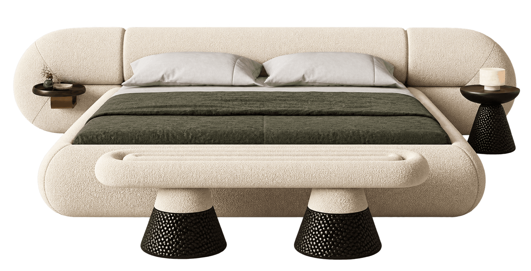 A modern, sculptural bed frame upholstered in a light-colored, textured boucle fabric, featuring a distinctive rounded and segmented headboard. Integrated circular side tables with dark tops and brass accents extend from the headboard on both sides. A matching upholstered bench with the same boucle fabric and dark, textured conical bases is positioned at the foot of the bed. The bed is dressed with light gray pillows and a dark olive green duvet. — 3D model