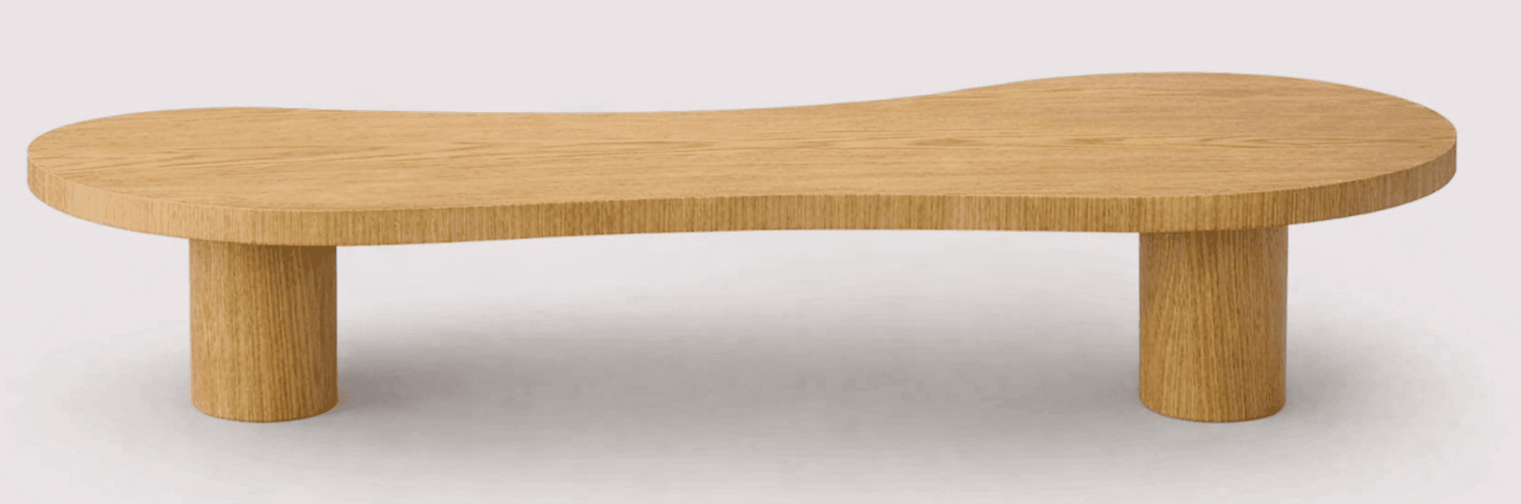 A low-profile bench with an organically shaped, elongated tabletop supported by two cylindrical legs. The grain of the wood is visible and runs horizontally along the tabletop and vertically on the legs. The edges of the tabletop are rounded. — 3D model