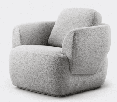 A contemporary, heavily upholstered lounge chair featuring an organic, rounded form. The chair is covered in a plush, textured boucle-like fabric in a light grey or off-white color. It has a low profile with no visible legs, appearing to sit directly on the floor or a very subtle plinth base. The backrest and armrests are integrated into the continuous, fluid shape, emphasizing comfort and softness. — 3D model