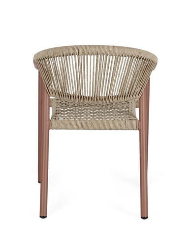 This is a contemporary armchair featuring a powder-coated metal frame and woven rope seat and backrest. The frame is a reddish-brown (terracotta) color, while the woven elements are a natural beige. The backrest consists of vertical rope strands, and the seat is tightly woven in a grid pattern. It has sturdy cylindrical legs and integrated armrests. — 3D model