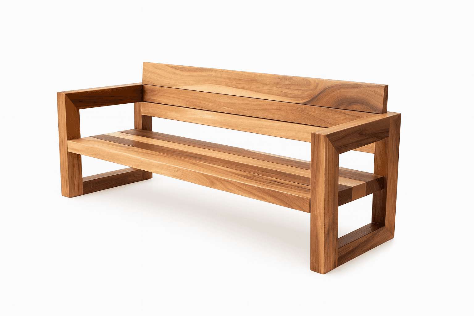 A modern wooden bench with clean lines and a sturdy construction. The bench features a slatted seat and backrest, and block-like armrests and legs. The wood grain is prominent, showcasing a rich, natural finish. — 3D model