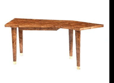 A modern console table crafted from richly figured burl wood, featuring an asymmetrical, somewhat trapezoidal top and four tapered legs with brass ferrules. — 3D model