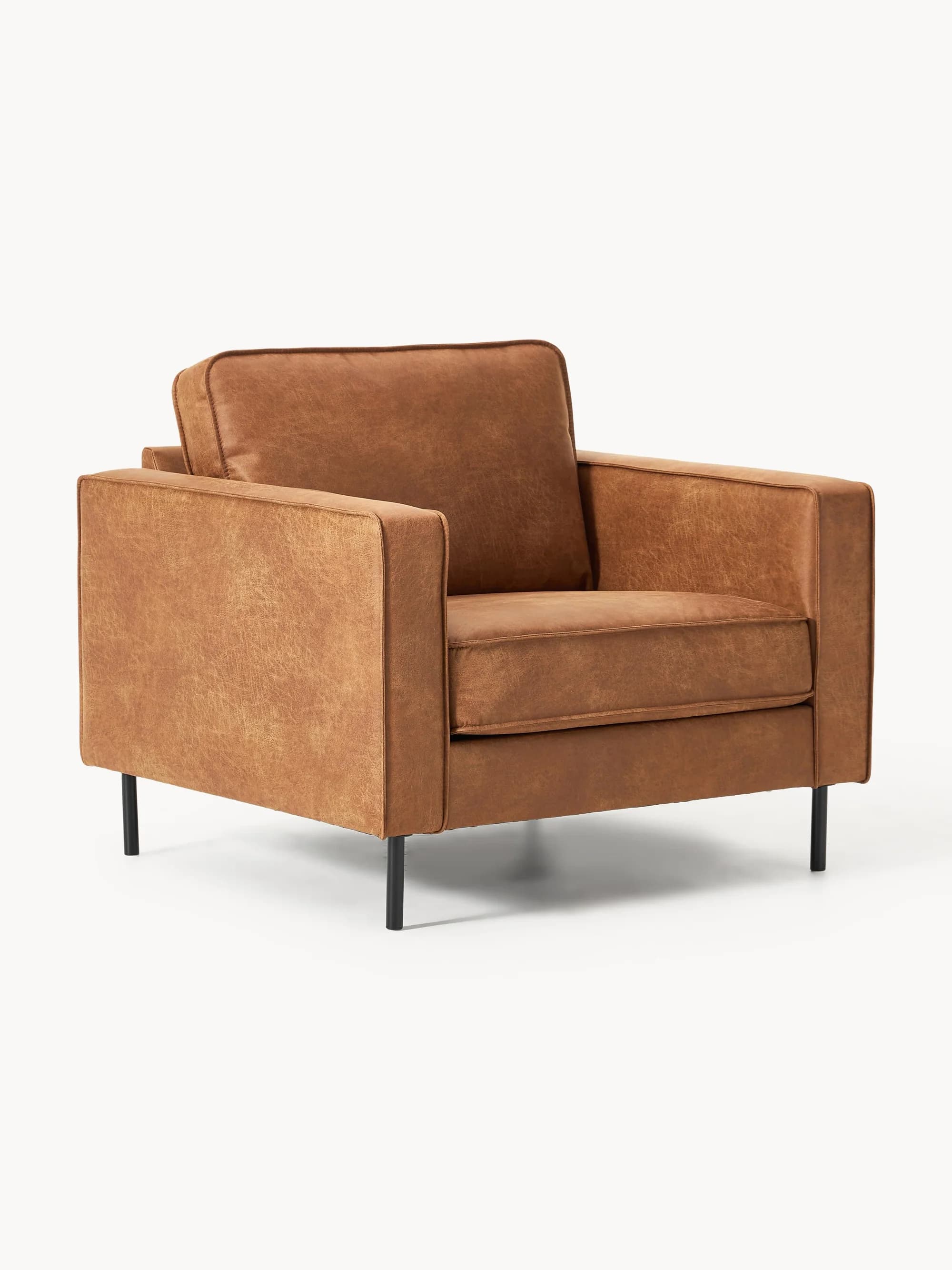 A single-seater armchair with a contemporary design, featuring clean lines and blocky armrests. It has a plush seat cushion and a back cushion, upholstered in a textured, brown material. The chair is supported by four slim, black metal legs with a minimalist aesthetic. — 3D model