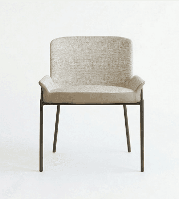 A contemporary dining armchair featuring a sleek metal frame, upholstered backrest in textured light grey fabric, and a contrasting lighter beige seat and integrated armrests, likely in faux leather or leather. — 3D model