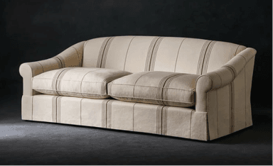 A cream-colored two-seater sofa with a brown ticking stripe pattern, featuring rolled arms and a tailored skirted base. — 3D model