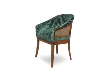 An upholstered armchair featuring a barrel-shaped back and integrated armrests, covered in a dark green velvet fabric with a textured, mottled pattern. The chair is supported by four solid wooden legs that are slightly tapered. — 3D model