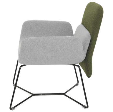 A modern armchair with a distinctive dual-tone upholstery. The seat and armrests are upholstered in a light grey, textured fabric, forming a continuous, organic shape. The backrest is a separate, taller section upholstered in a dark olive green fabric, creating a visual contrast. The chair is supported by a minimalist, black metal frame with a criss-cross base. — 3D model