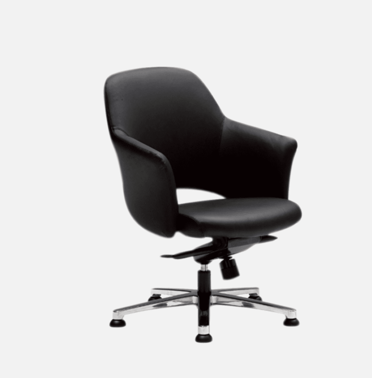A modern black upholstered office chair featuring a contoured seat and back with integrated armrests. It rests on a five-star polished metal base equipped with fixed glides, not casters. The chair has a swivel mechanism and appears to include height adjustment capabilities, indicative of a functional office or conference setting. — 3D model