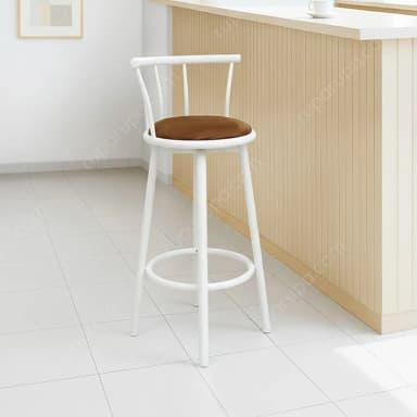 A tall bar stool featuring a white metal frame, a curved backrest with vertical spindles, a circular brown upholstered seat, and a circular footrest. — 3D model