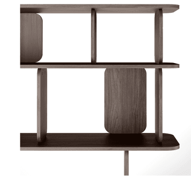 A modern, modular bookshelf constructed from dark-stained wood. It features multiple open shelves supported by vertical dividers, all characterized by soft, rounded edges. Some sections incorporate curved back panels that act as partial enclosures or stylistic dividers, creating varied display compartments within the grid-like structure. The design is sleek and contemporary. — 3D model