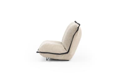 A low-profile armchair with a sculptural, continuous form, upholstered in a textured, light beige fabric with contrasting dark piping along the edges. The backrest is reclined, and the seat appears to be a single, soft cushion. Minimalist metal legs are visible at the base. The overall design is modern and organic. — 3D model