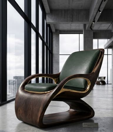A sophisticated lounge chair featuring a continuous, curved frame crafted from dark-finished wood, possibly walnut, with a rich grain. The seat and backrest are upholstered in deep green, textured leather, providing a plush seating surface. Elegant brass accents are subtly integrated into the frame, highlighting its sculptural lines and adding a luxurious touch. The chair's design is contemporary with organic modern influences, characterized by its fluid form and material contrast. — 3D model