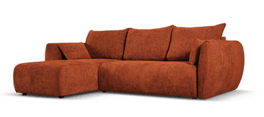 An L-shaped sectional sofa upholstered in a textured, burnt orange or terracotta fabric, featuring an integrated chaise lounge on the left side. The design includes plush, loose back cushions and small accent pillows, complemented by subtly curved, integrated track arms. — 3D model