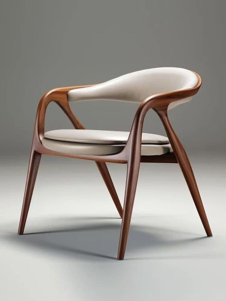 A modern armchair with a curved wooden frame and upholstered seat and backrest. The frame features organic, flowing lines, with four tapered legs supporting the structure. The seat and backrest are cushioned and covered in a light-colored material, likely leather or a similar fabric. — 3D model