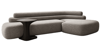 A contemporary L-shaped modular sectional sofa, upholstered in a textured grey fabric. It features rounded seat cushions and a distinctive backrest composed of layered, cylindrical forms. An integrated black pedestal side table is positioned within the corner of the sofa, offering a contrasting accent. — 3D model