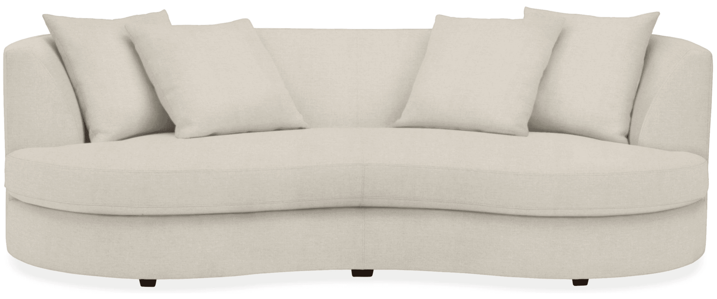 A curved sofa with a upholstered frame and four loose back cushions. The sofa has a gently sloping armrest and sits on small, dark-colored legs. The upholstery appears to be a textured fabric. — 3D model