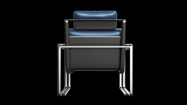 A modern lounge chair featuring a polished tubular steel frame, deep blue leather upholstered cushions for the seat, backrest, and headrest, and wooden armrest caps. — 3D model
