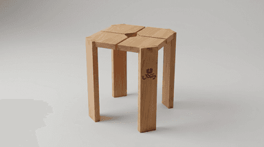 A geometric wooden stool with four legs and a segmented octagonal top. The stool is constructed from light-colored wood, likely beech or maple, with a natural finish. The top surface is formed by four distinct trapezoidal segments, each beveled to meet at the center, creating a cross-like pattern. The legs are rectangular in cross-section and join the top at the corners, extending downwards vertically. — 3D model