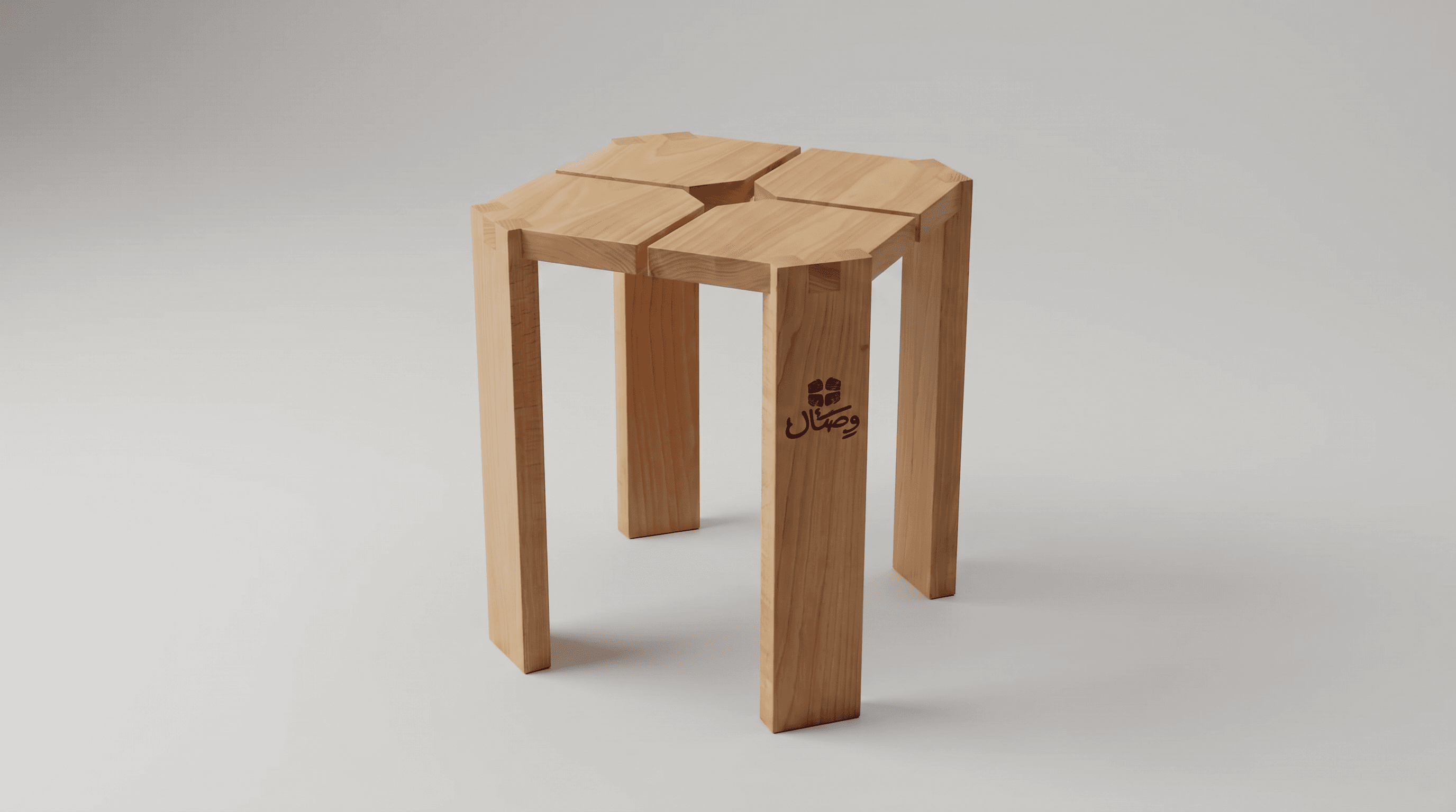 A geometric wooden stool with four legs and a segmented octagonal top. The stool is constructed from light-colored wood, likely beech or maple, with a natural finish. The top surface is formed by four distinct trapezoidal segments, each beveled to meet at the center, creating a cross-like pattern. The legs are rectangular in cross-section and join the top at the corners, extending downwards vertically. — 3D model