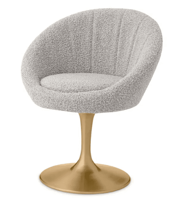 A modern upholstered accent chair featuring a curved, shell-like seat and back, upholstered in light grey textured bouclé fabric with channel tufting, supported by a single, flared, polished gold pedestal base. — 3D model