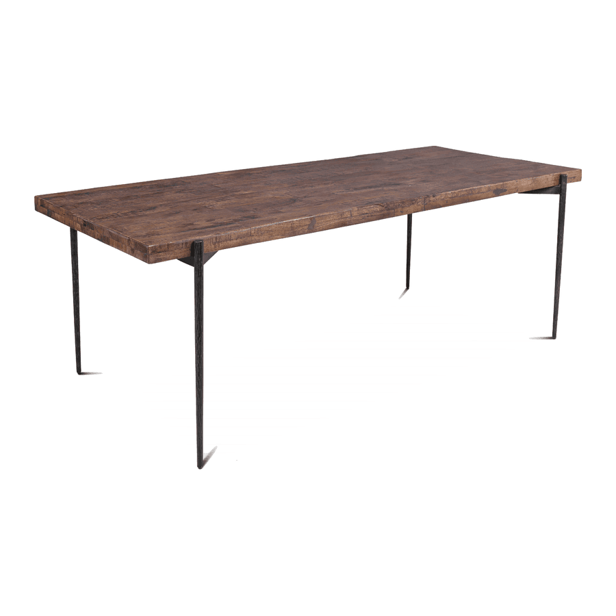 A rectangular dining table featuring a thick, dark brown solid wood tabletop with a rustic or distressed finish, supported by four slender, angled black metal legs. The legs are attached to the underside of the table with simple bracket-like structures, giving it an industrial or modern farmhouse aesthetic. — 3D model