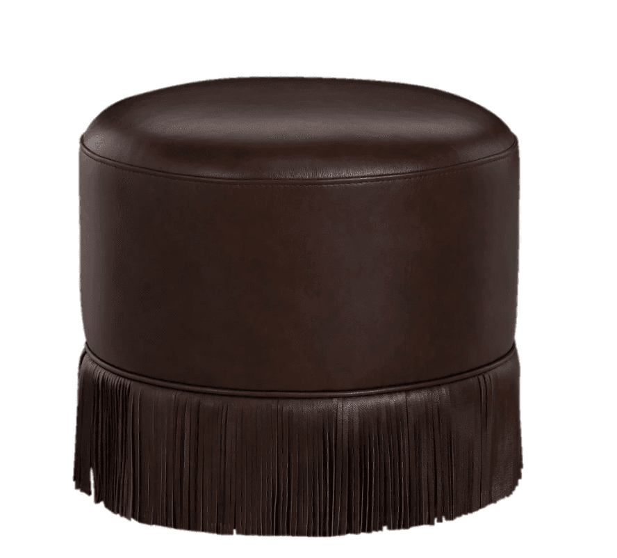 A cylindrical ottoman upholstered in dark brown leather. The top surface is rounded and stitched. The base of the ottoman features a decorative fringe made of leather strips. — 3D model