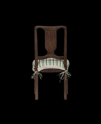A wooden dining chair with a carved backrest and a striped seat cushion. The chair has a dark wood finish and a backrest with an ornate, symmetrical carving in the center. The seat is covered with a removable cushion featuring alternating green and white stripes. The cushion is secured by ties. — 3D model