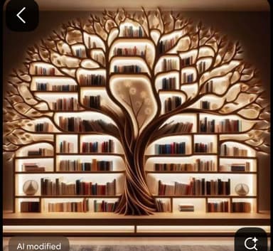 A unique bookshelf designed to resemble a tree, with branches and leaves forming the structure for shelves. The design incorporates integrated lighting within the shelves and behind the tree trunk, illuminating the books. — 3D model