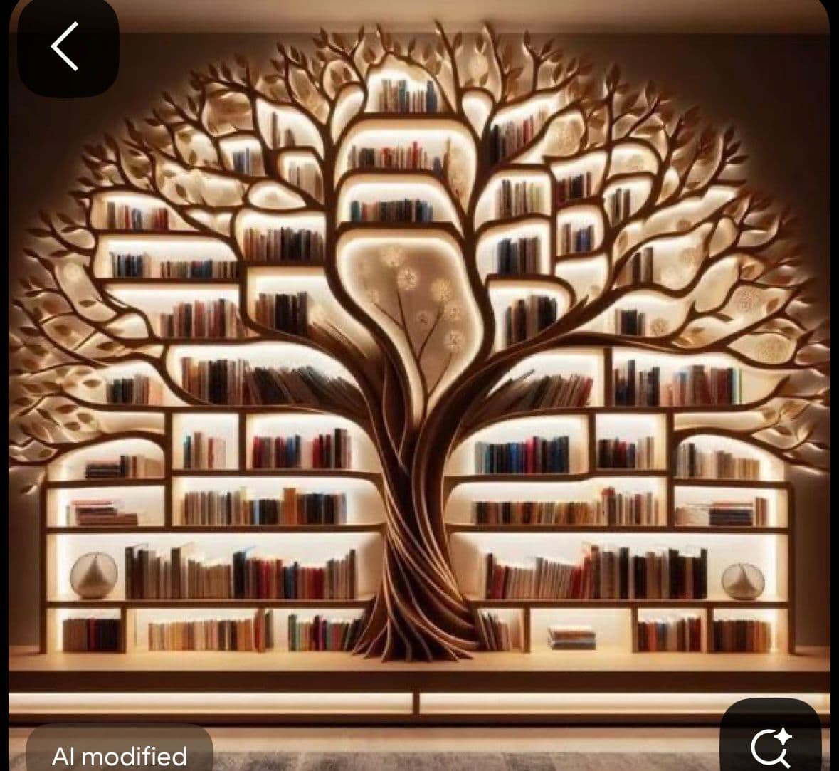 A unique bookshelf designed to resemble a tree, with branches and leaves forming the structure for shelves. The design incorporates integrated lighting within the shelves and behind the tree trunk, illuminating the books. — 3D model