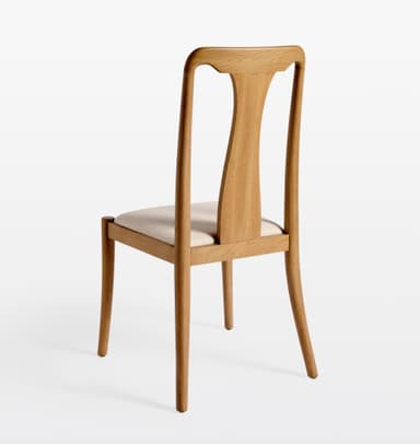 A modern dining chair constructed from light-toned oak wood with a distinctive T-shaped backrest and an upholstered seat cushion. The chair features a minimalist design with clean lines and gently curved elements. — 3D model