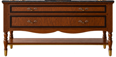 A traditional console table featuring a dark veined marble top, two burl wood drawers with ornate brass pulls, turned wooden legs with brass ferrules, and a lower open shelf with a brass accent rail. — 3D model