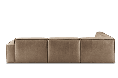 A modern L-shaped sectional sofa upholstered in light brown leather, featuring clean lines, low-profile block arms, and a built-in chaise lounge on the left side, presenting a sleek and contemporary aesthetic. — 3D model