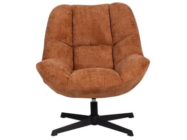 A contemporary lounge chair upholstered in a textured terracotta-colored fabric, featuring a deeply padded and ribbed seat and backrest, mounted on a sleek black four-star swivel base. — 3D model
