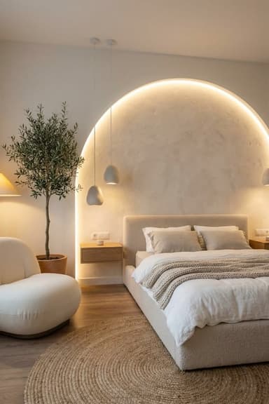 An upholstered platform bed featuring a clean, minimalist design. The entire frame, including the integrated headboard, is covered in a light beige or greige textured fabric. The headboard is rectangular with subtly rounded corners, providing a soft silhouette. The bed is presented with white bedding and two sets of pillows in light neutral tones, topped with a chunky knit throw. — 3D model