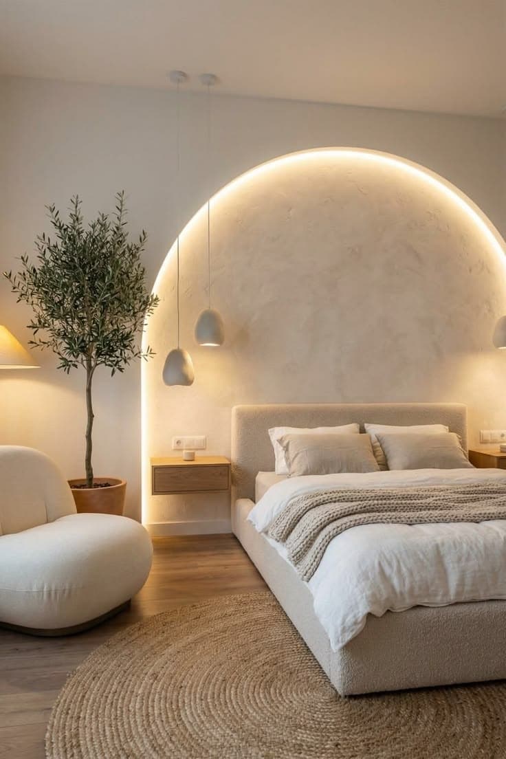 An upholstered platform bed featuring a clean, minimalist design. The entire frame, including the integrated headboard, is covered in a light beige or greige textured fabric. The headboard is rectangular with subtly rounded corners, providing a soft silhouette. The bed is presented with white bedding and two sets of pillows in light neutral tones, topped with a chunky knit throw. — 3D model