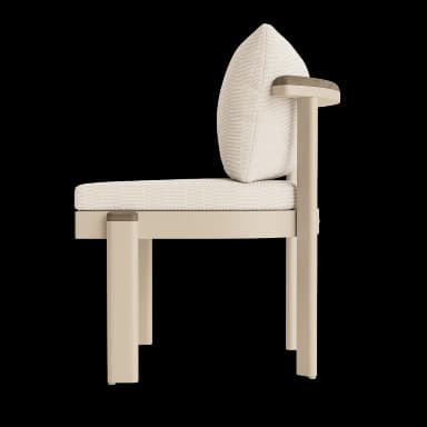 A contemporary armchair with a rectilinear metal frame in a light beige finish, featuring thick upholstered seat and back cushions in a textured off-white fabric. — 3D model