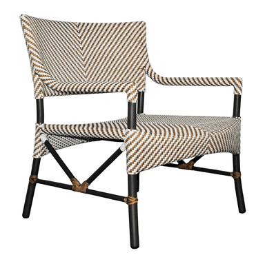 A bistro-style side chair featuring a frame designed to mimic bamboo, and a seat and backrest woven from synthetic rattan in a two-tone checkered pattern. The chair has a gently curved back for ergonomic support. — 3D model