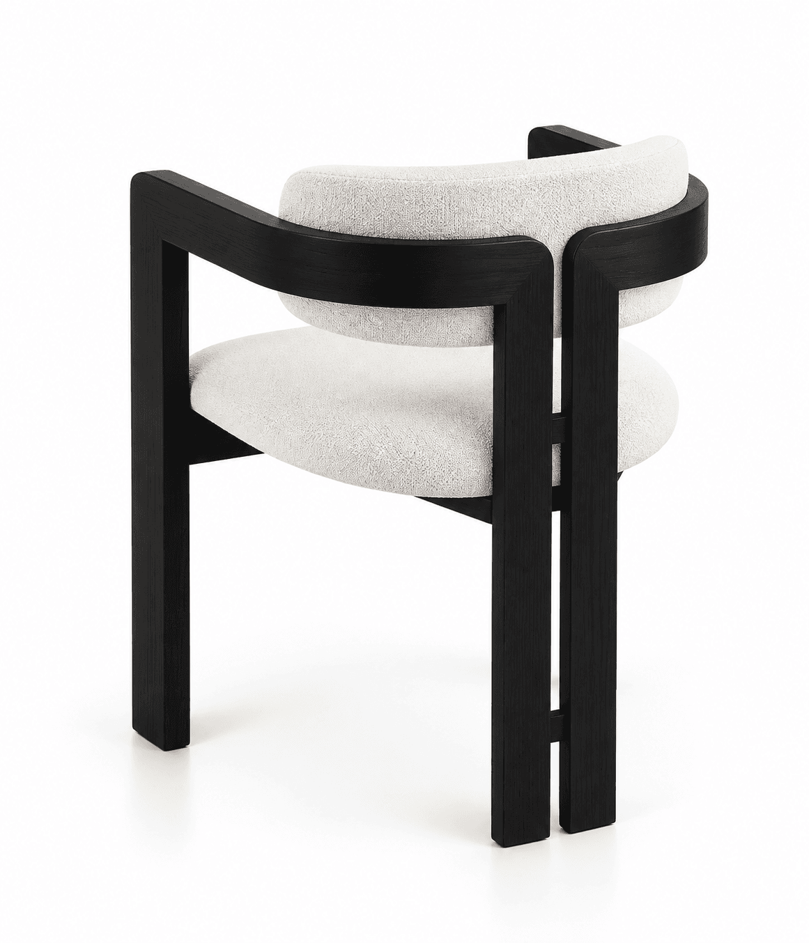 A contemporary armchair featuring a robust black-finished wooden frame with distinct, blocky geometric lines. The frame incorporates integrated armrests that curve elegantly and sturdy back supports. The rounded seat and separate, curved backrest are upholstered in a light-colored, textured bouclé fabric, providing a soft contrast to the dark, rigid structure. The chair presents a minimalist yet architectural aesthetic, emphasizing strong forms and contrasting materials. — 3D model