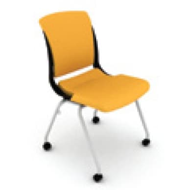 An orange, armless, contemporary chair featuring a contoured molded plastic seat and backrest, connected by a black structural frame. The chair is supported by a four-legged white metal base, with each leg terminating in a black caster for mobility. The design emphasizes clean lines and functional aesthetics. — 3D model