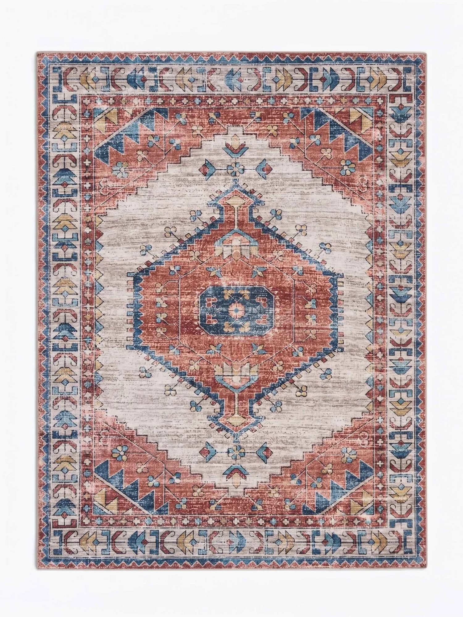 A rectangular area rug featuring a traditional, possibly Persian or tribal-inspired, geometric pattern with an intentionally distressed or faded finish. The color palette primarily includes muted terracotta red, various shades of blue, beige, and touches of yellow. — 3D model