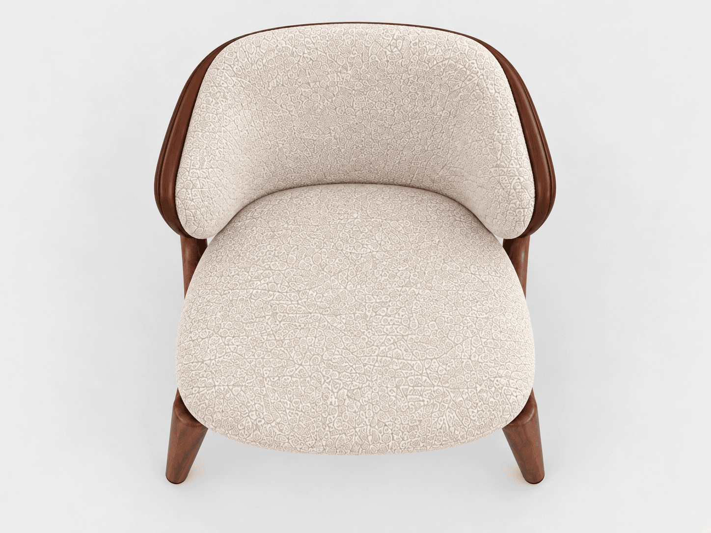 This is a contemporary armchair featuring a distinctive barrel-back design. The chair is upholstered in a light beige, subtly textured fabric with an intricate, organic pattern. A smooth, dark-stained wooden frame outlines the top and sides of the backrest, flowing down to form the four tapered legs. The seat cushion is integrated and matches the backrest's upholstery, creating a cohesive and inviting aesthetic. — 3D model