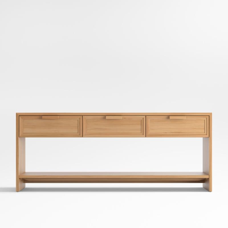 A long, narrow wooden console table featuring three spacious drawers across the top. The drawers have integrated pull handles and recessed panel detailing. Beneath the drawer unit, an open lower shelf provides additional storage or display space. The table is supported by continuous side panels that form the legs, crafted from a light-toned wood with a natural finish, exhibiting a clean and minimalist aesthetic. — 3D model